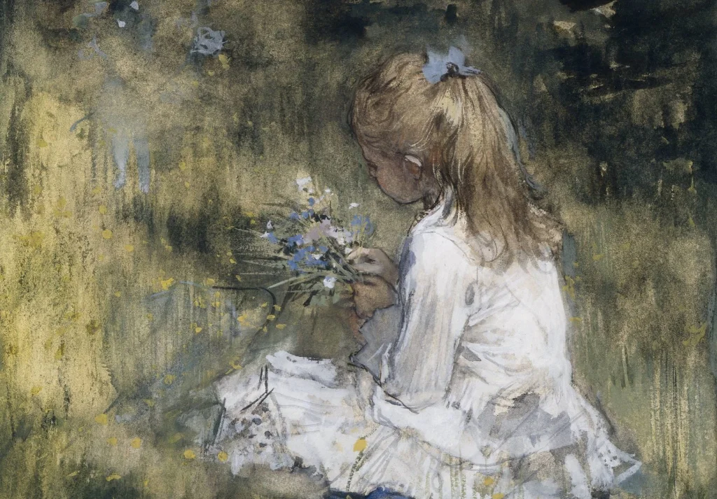 A Girl with Flowers on the Grass